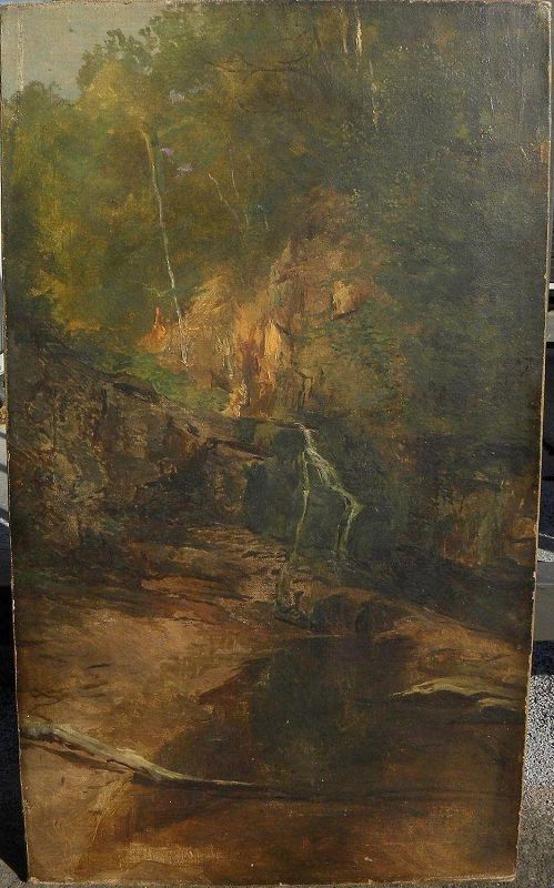 American Hudson River School forest interior with waterfall possibly by Homer Dodge Martin (1836-1897)