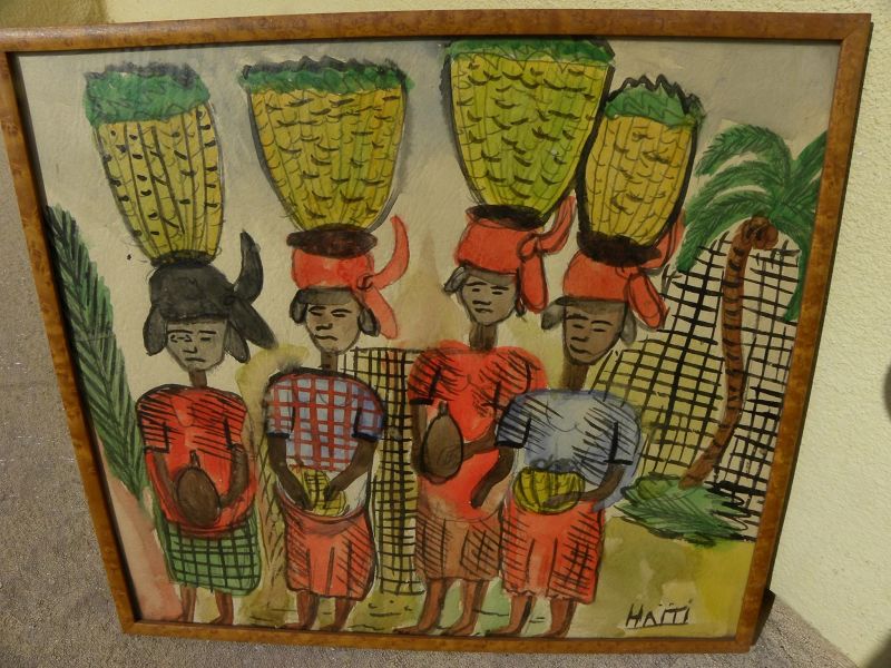 Haitian art naive vintage watercolor painting of women balancing baskets on heads