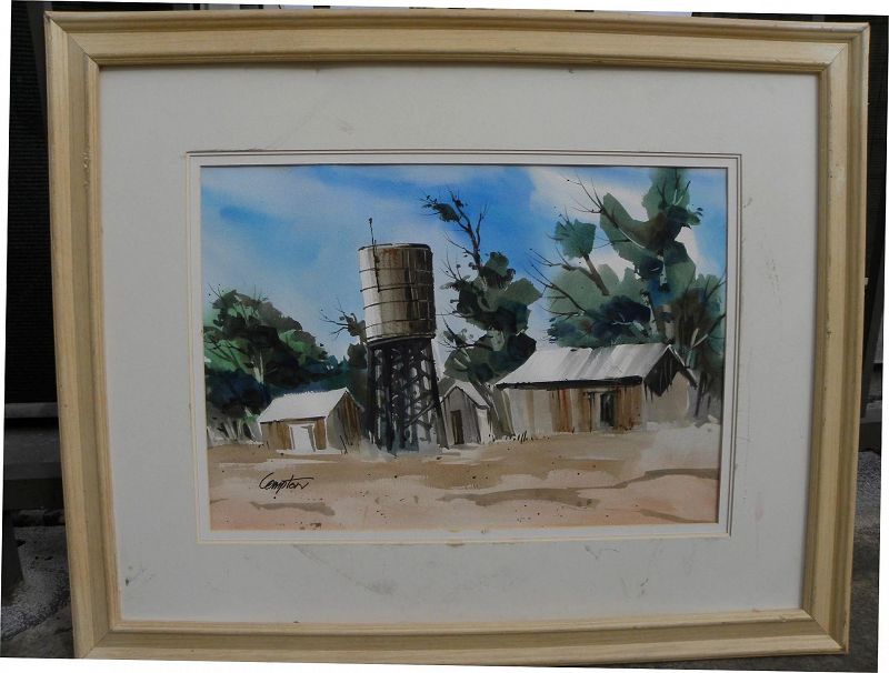 Contemporary California watercolor painting outbuildings in dry landscape signed Compton