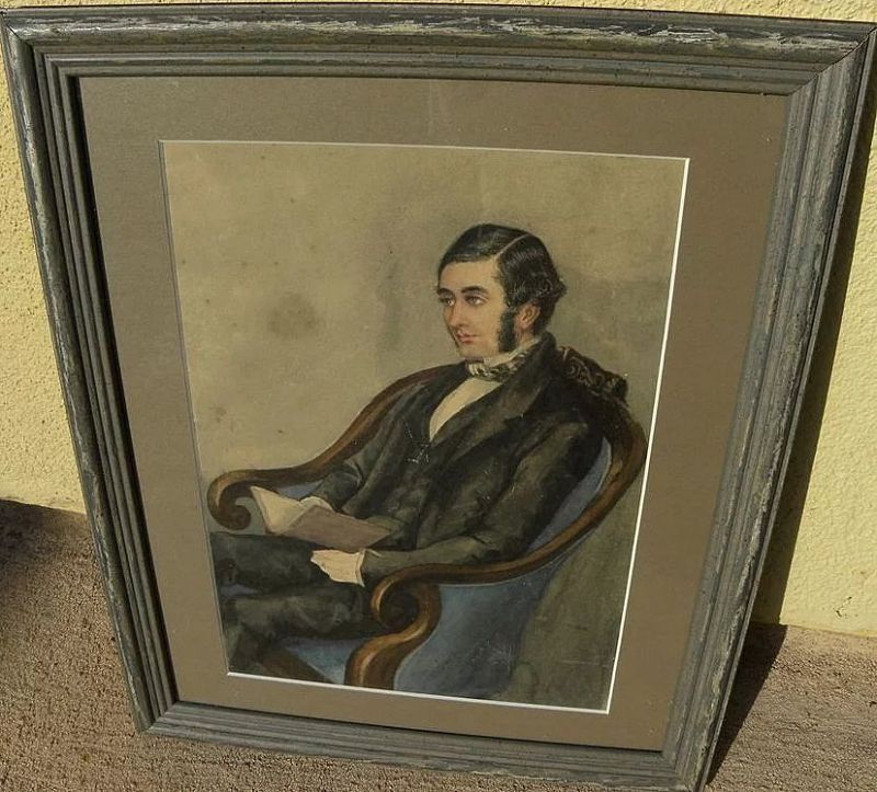 American or English 19th century watercolor painting seated gentleman