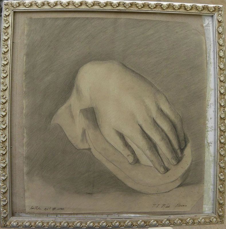 Charming signed 1832 pencil drawing study of a human hand