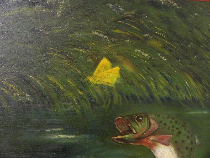 Vintage painting of a jumping trout 1939 cabin art