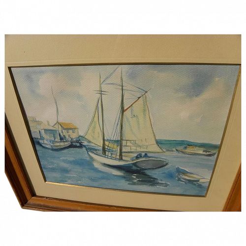 Vintage impressionist watercolor of sailboat in harbor