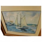 Vintage impressionist watercolor of sailboat in harbor
