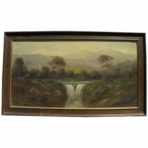 Old American landscape painting including mountains and waterfall