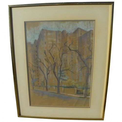 Pastel drawing of apartment buildings in winter possibly New York signed dated 1939