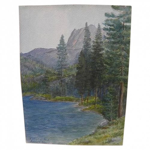 California vintage art early 20th century watercolor of Emerald Bay Lake Tahoe signed A.L.M.