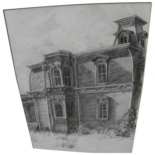 Fine detailed 1973 pencil drawing of a Victorian house signed David