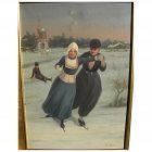 Circa 1900 painting of Dutch ice skaters in winter in traditional costume