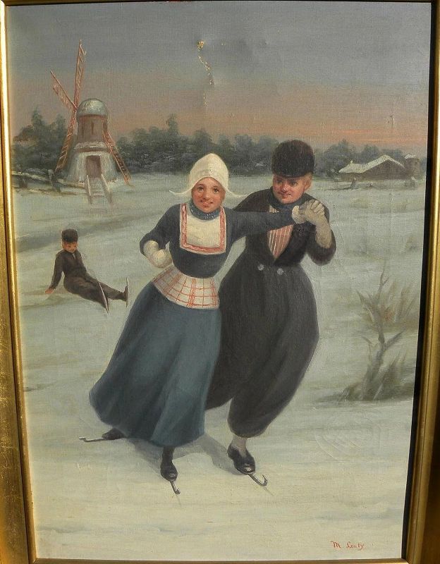 Circa 1900 painting of Dutch ice skaters in winter in traditional costume