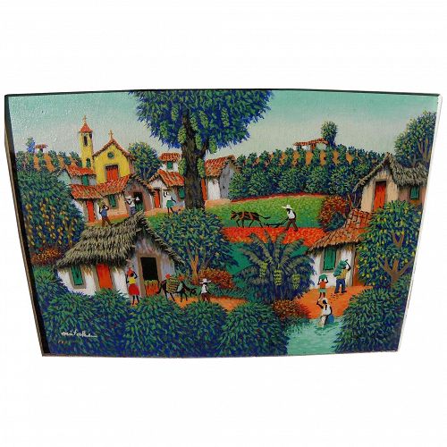 Colorful naive Central American or Brazilian painting of hillside village