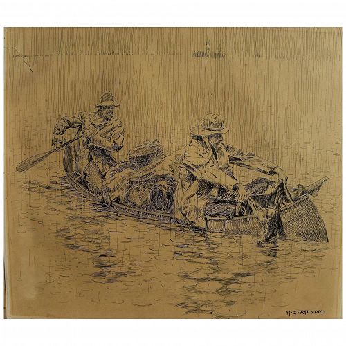 HENRY SUMNER WATSON (1868-1933) sporting art original ink illustration drawing of two fishermen in a canoe for Outing Publishing Co. 1907