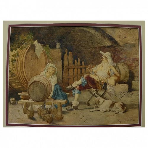 Italian 19th century watercolor painting "Tapping the Wine Barrel" signed Gamba da Vinza