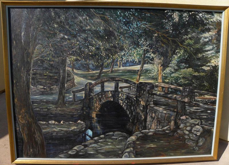 Large impressionist painting stone bridge over brook idyllic setting signed Tostrup