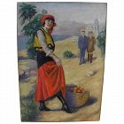 Vintage Californiana 1930's nostalgic allegorical painting of orange gatherer in coastal landscape