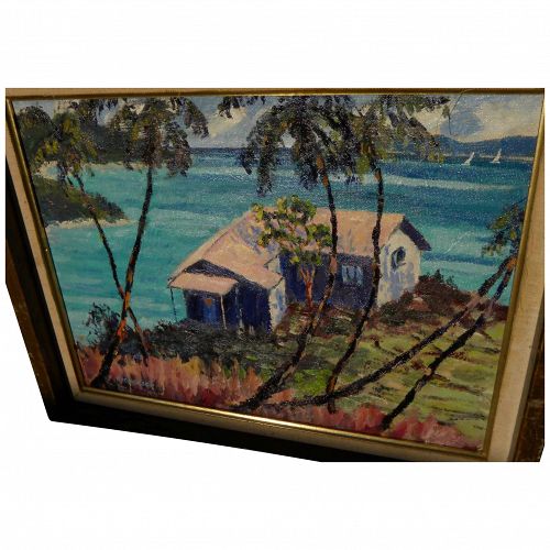 Colorful tropical coastal landscape painting signed Dickerson