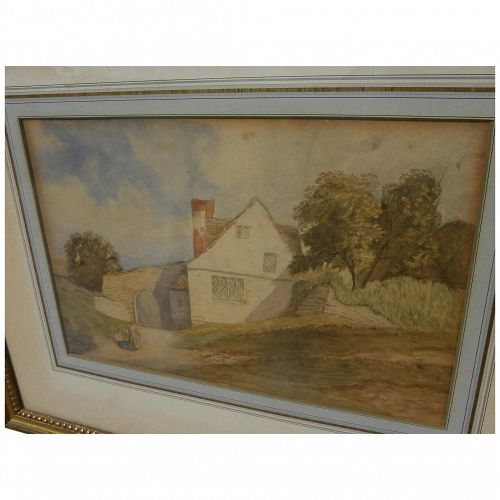 English 19th century watercolor painting of a cottage nicely framed and matted