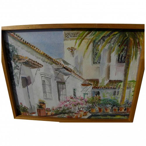 Impressionist watercolor painting of Mediterranean or Spanish style courtyard and buildings