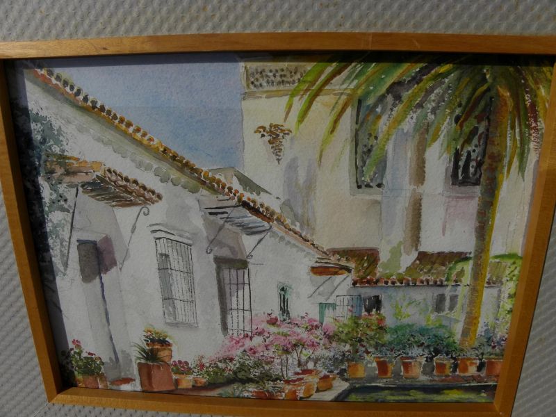 Impressionist watercolor painting of Mediterranean or Spanish style courtyard and buildings