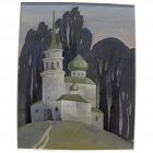 Gouache painting of Russian church late 20th century