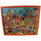 Colorful African contemporary art naive painting of villagers in daily routines
