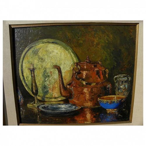 English 1930 impressionist still life oil painting with exhibition label