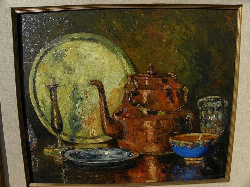 English 1930 impressionist still life oil painting with exhibition label
