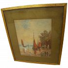 Antique watercolor painting of small sail boats by a dock
