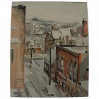 American Scene style 1948 watercolor of buildings and streets signed Warren Blackwell