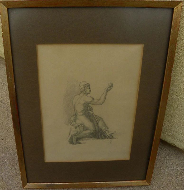 Nineteenth century initialed European pencil drawing of a classic male figure