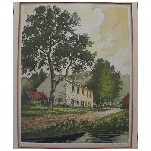 Vintage print of French country house by a pond pencil signed de Croisset