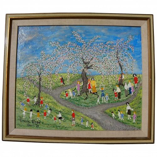 Naive painting of children in a spring landscape signed Wanda Webb 1971