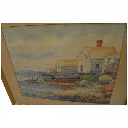 SIDNEY T. CALLOWHILL (1867-1939) watercolor painting of New England coastal shacks by Arts and Crafts decorator and artist