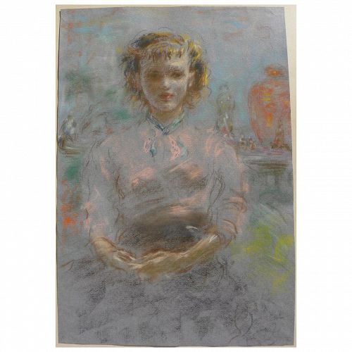 Fine pastel drawing of a seated young woman