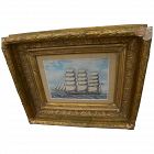 Clipper ship mixed media drawing in 19th century gold frame
