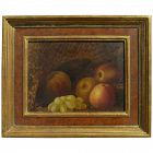 English 19th century still life painting of grapes and apples and basket