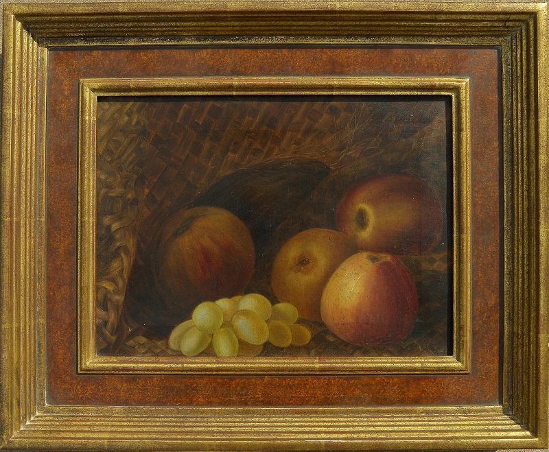 English 19th century still life painting of grapes and apples and basket