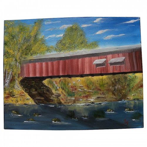 Contemporary American impressionist painting of eastern covered bridge