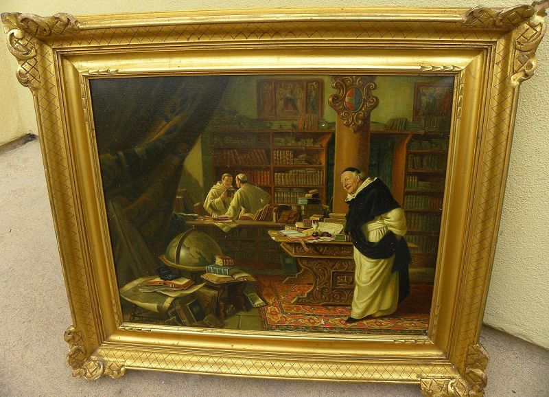 Late 20th century signed quality painting of monks in manner of 19th century