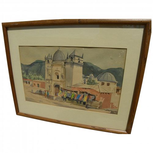 Vintage signed watercolor painting of old church in Central America or Mexico
