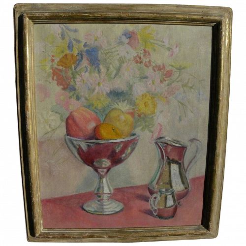 American impressionist signed circa 1940 still life painting in actual Newcomb-Macklin frame