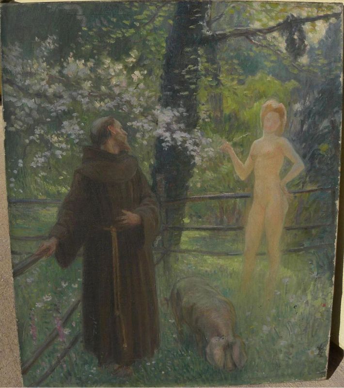 French impressionist old painting priest/young nude forest fantasy
