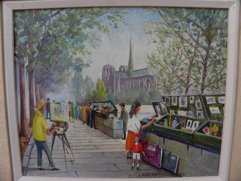 Paris 1960's signed oil painting of the famous bookstalls along the Seine