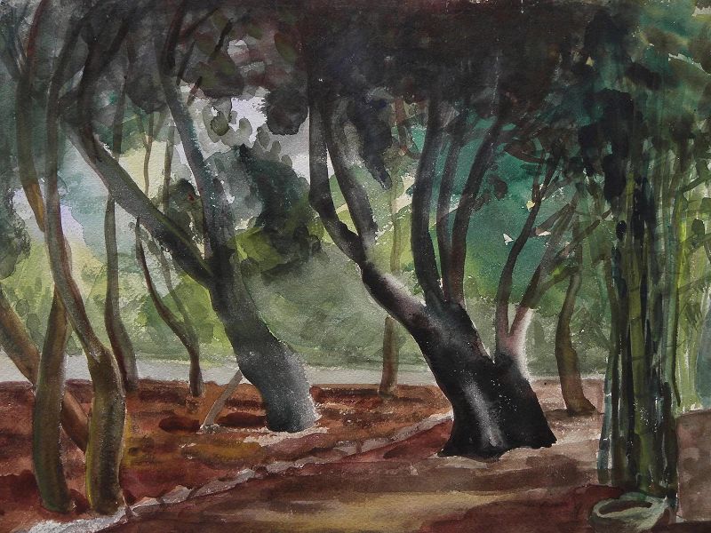 Watercolor painting of trees in a landscape