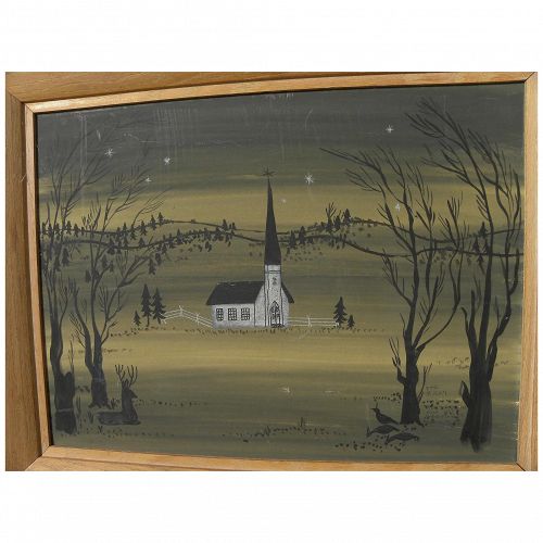 Peaceful vintage watercolor painting of a white church in an open landscape at night