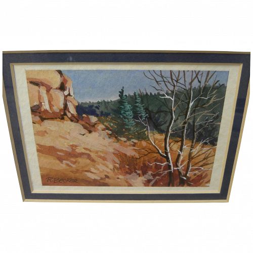Miniature contemporary watercolor painting of a rocky hillside signed