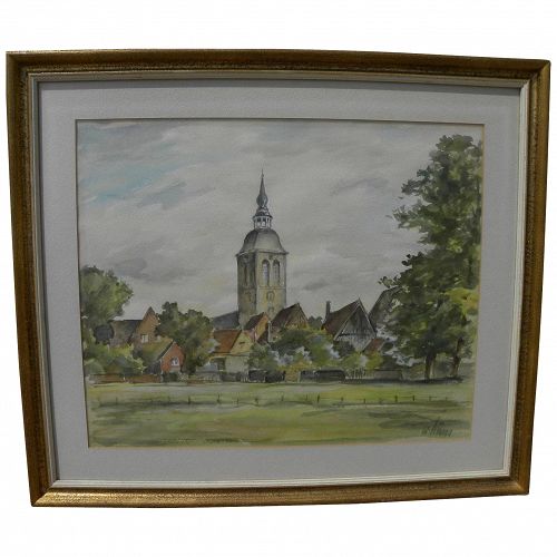 European 20th century signed impressionist watercolor painting of a church and village