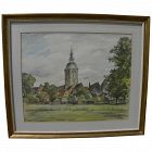 European 20th century signed impressionist watercolor painting of a church and village