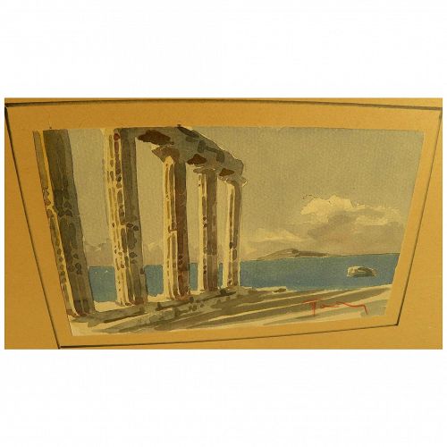 Greek art watercolor painting of ruins by the sea