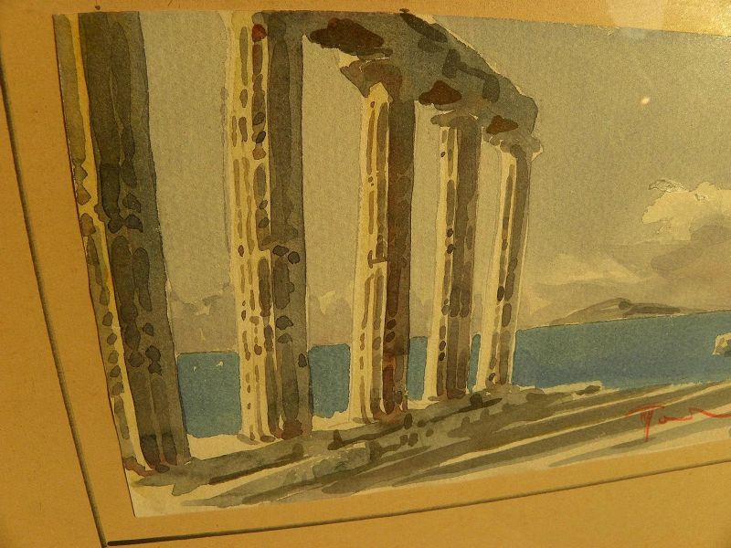 Greek art watercolor painting of ruins by the sea
